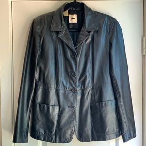DKNY Genuine Leather 4 Button Blazer Jacket Black